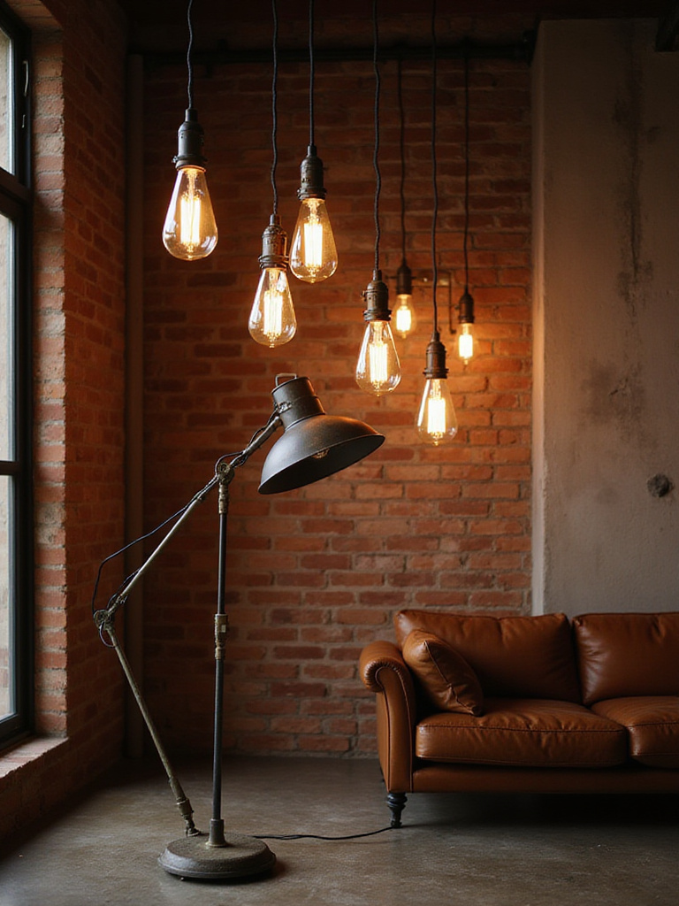 Industrial living room illuminated by factory-inspired pendant lights and floor lamp.