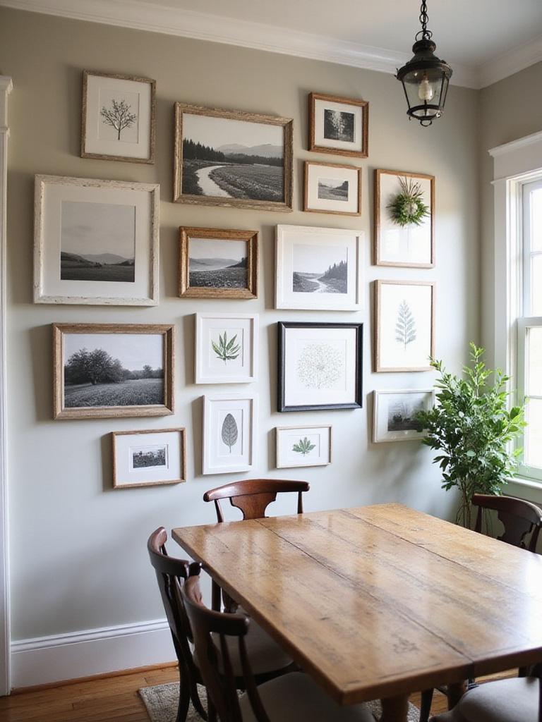 Farmhouse dining room featuring a large gallery wall with a mix of framed black and white photos, vintage art, and botanical prints in various rustic frames above a wooden dining table.