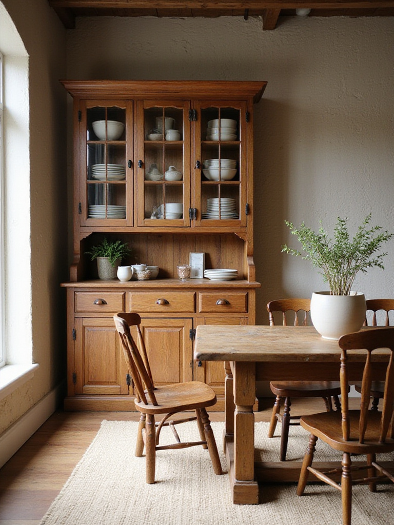 Rustic wooden farmhouse hutch in a dining room, used for displaying dishware and storing essentials with elegant country style.