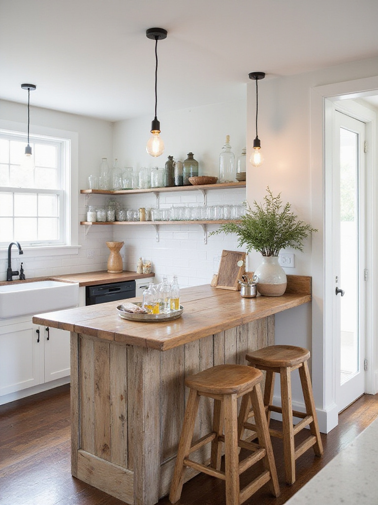 Farmhouse kitchen bar with reclaimed wood, butcher block countertop, and vintage decor.
