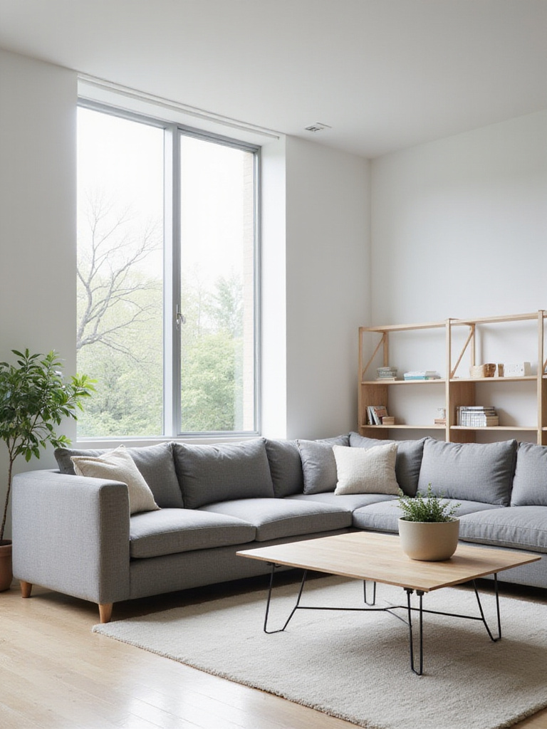 Minimalist living room featuring streamlined furniture shapes for a modern and uncluttered look.