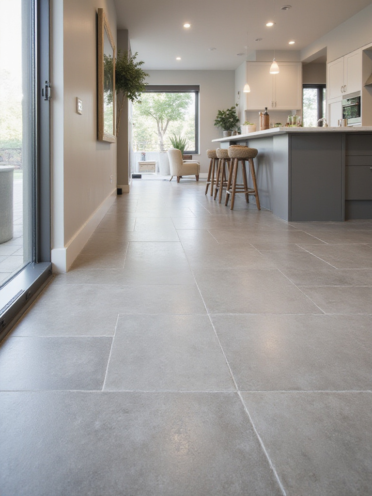 Modern kitchen floor tiled with large format gray porcelain tile, ideal for high traffic and resisting spills.