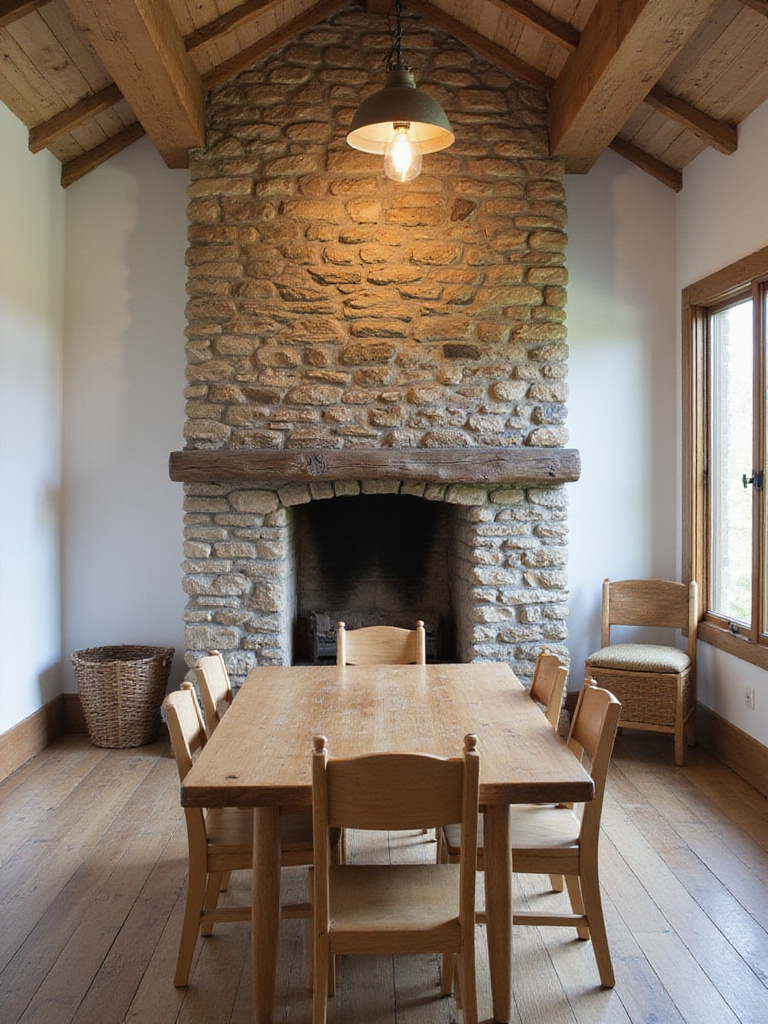 A cozy farmhouse dining room featuring a large stone fireplace with a wood mantel as the central focal point, with a rustic wooden dining table and chairs arranged nearby.