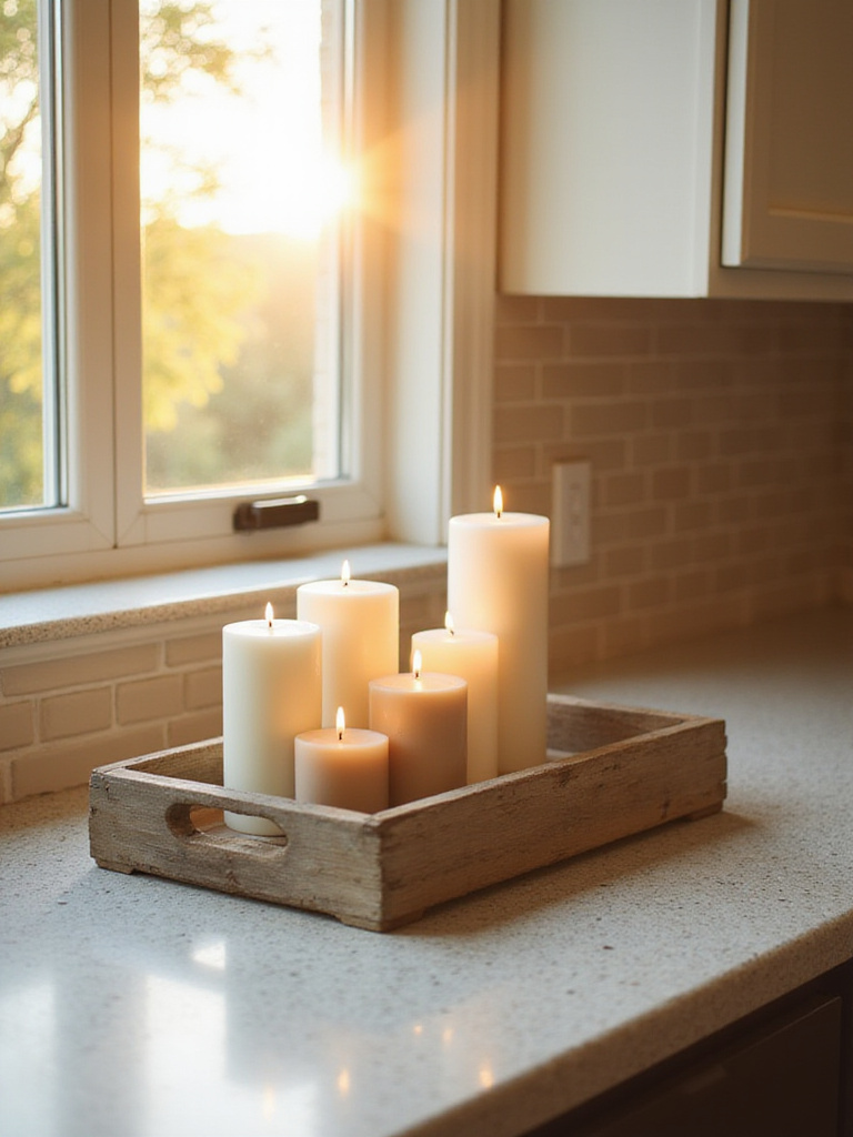 Candle display on kitchen countertop for cozy evenings