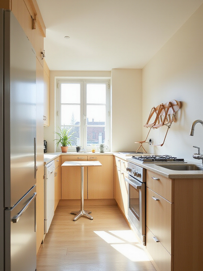 Small kitchen design featuring a folded drop-leaf table and stackable chairs, maximizing space efficiency.