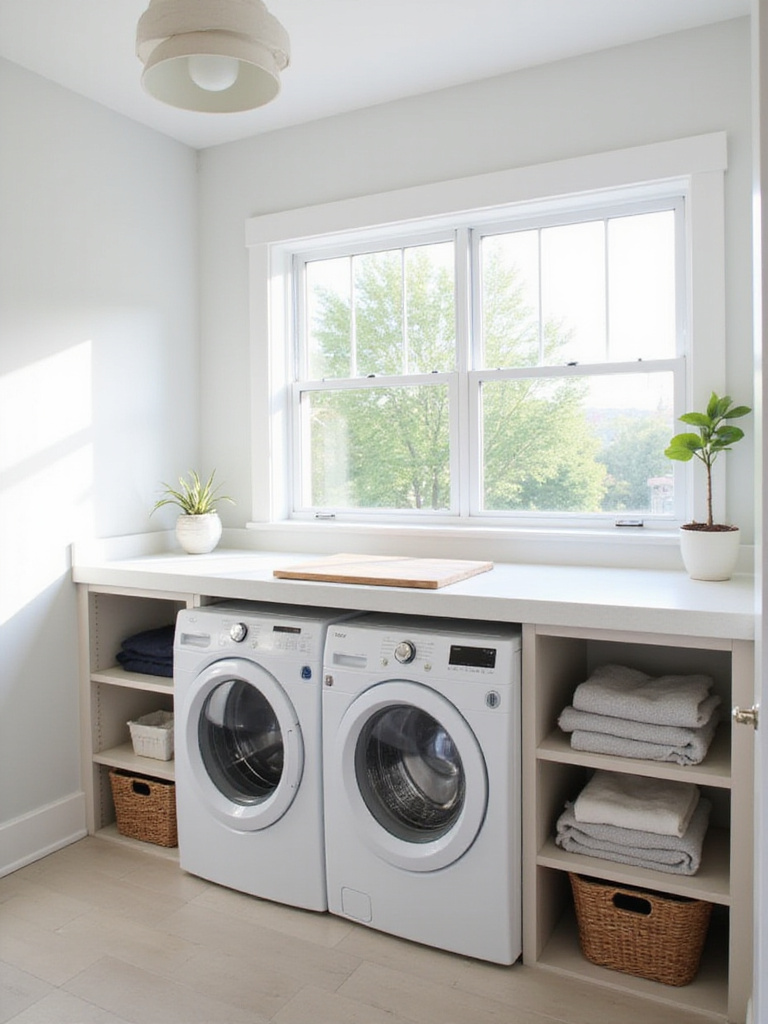 Spacious laundry room with a dedicated folding station above the washer and dryer.