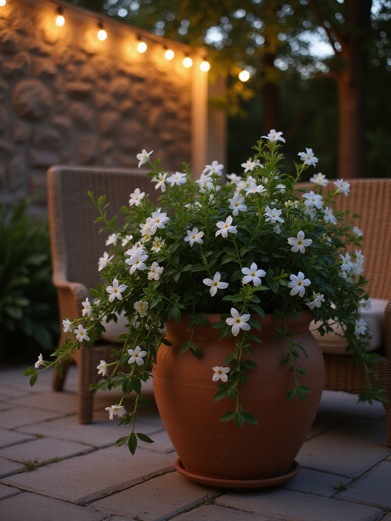 Fragrant Jasmine plant cascading from a terracotta pot on a cozy patio at dusk.