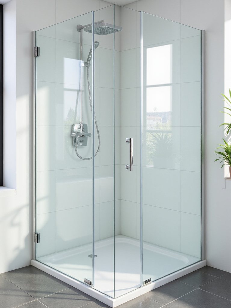 Small bathroom with transparent glass shower enclosure creating a spacious feel.