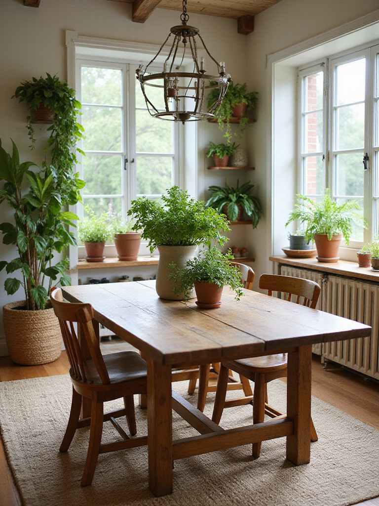 A farmhouse dining room with a rustic wooden table, decorated with various potted plants and fresh greenery on the table, shelves, and in corners.