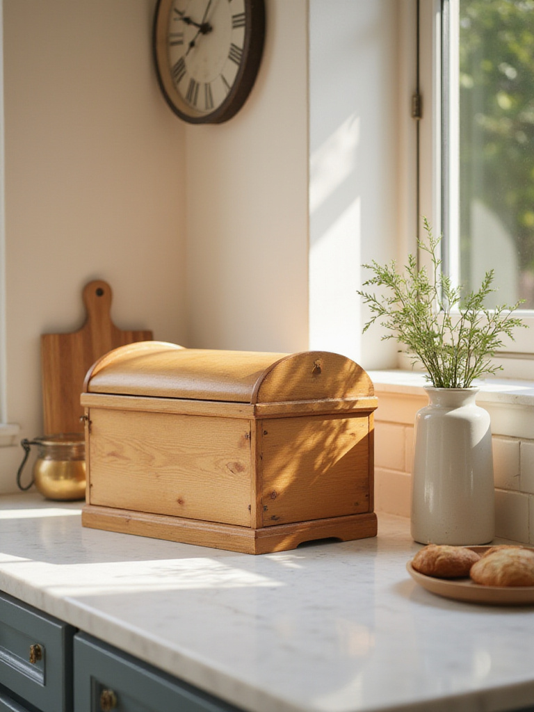 Wooden bread box on marble kitchen countertop with greenery.