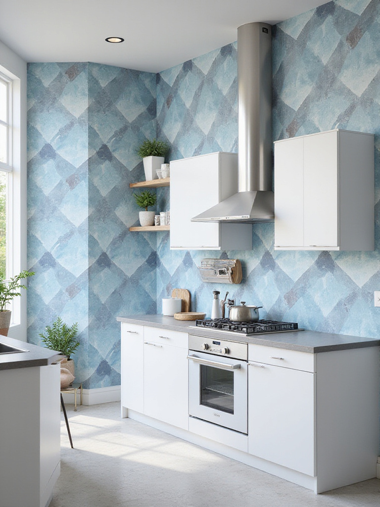Modern kitchen with full geometric wallpaper immersion.