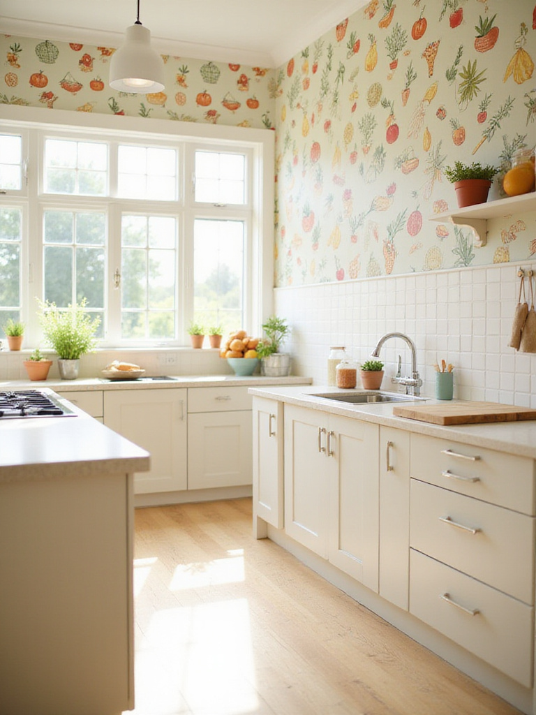 Bright kitchen with fun fruit and vegetable wallpaper