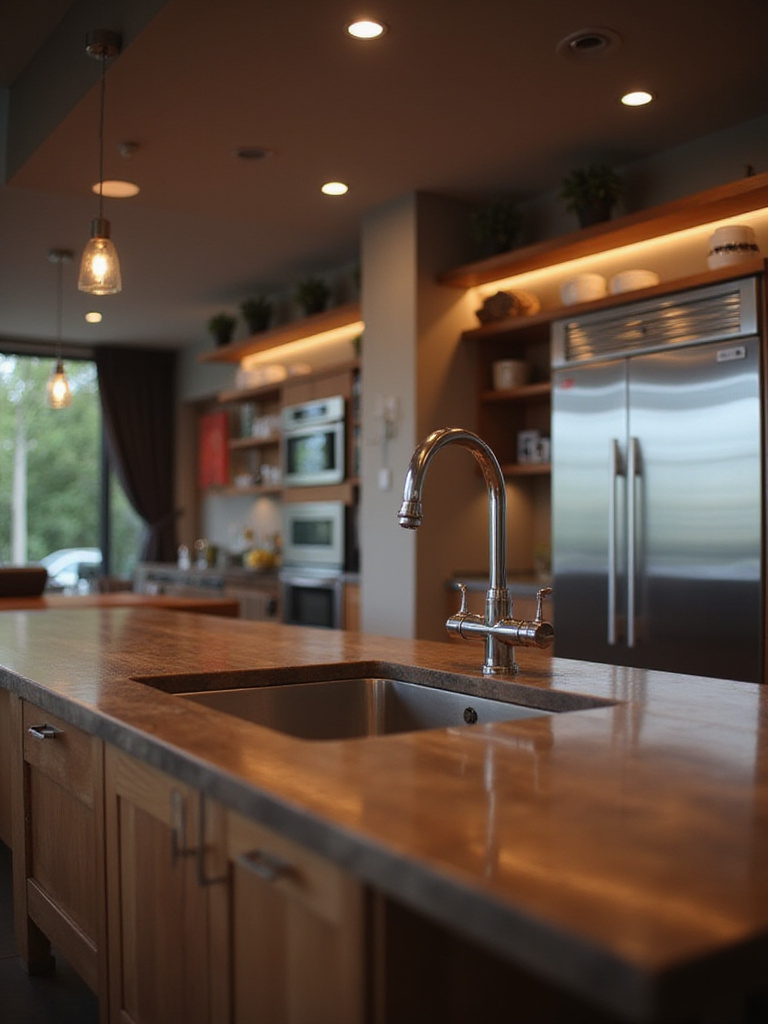 Modern kitchen bar with integrated stainless steel sink and sleek faucet.