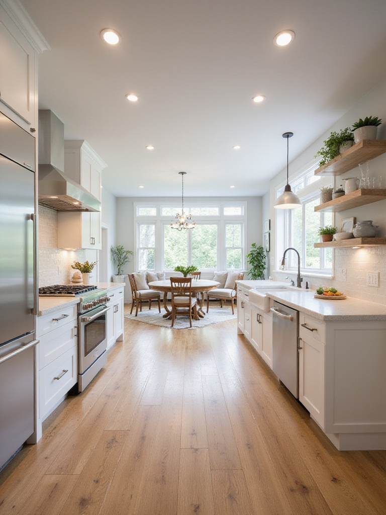 Modern kitchen designed for longevity featuring durable materials, classic style, spacious layout, and elements for future adaptability.