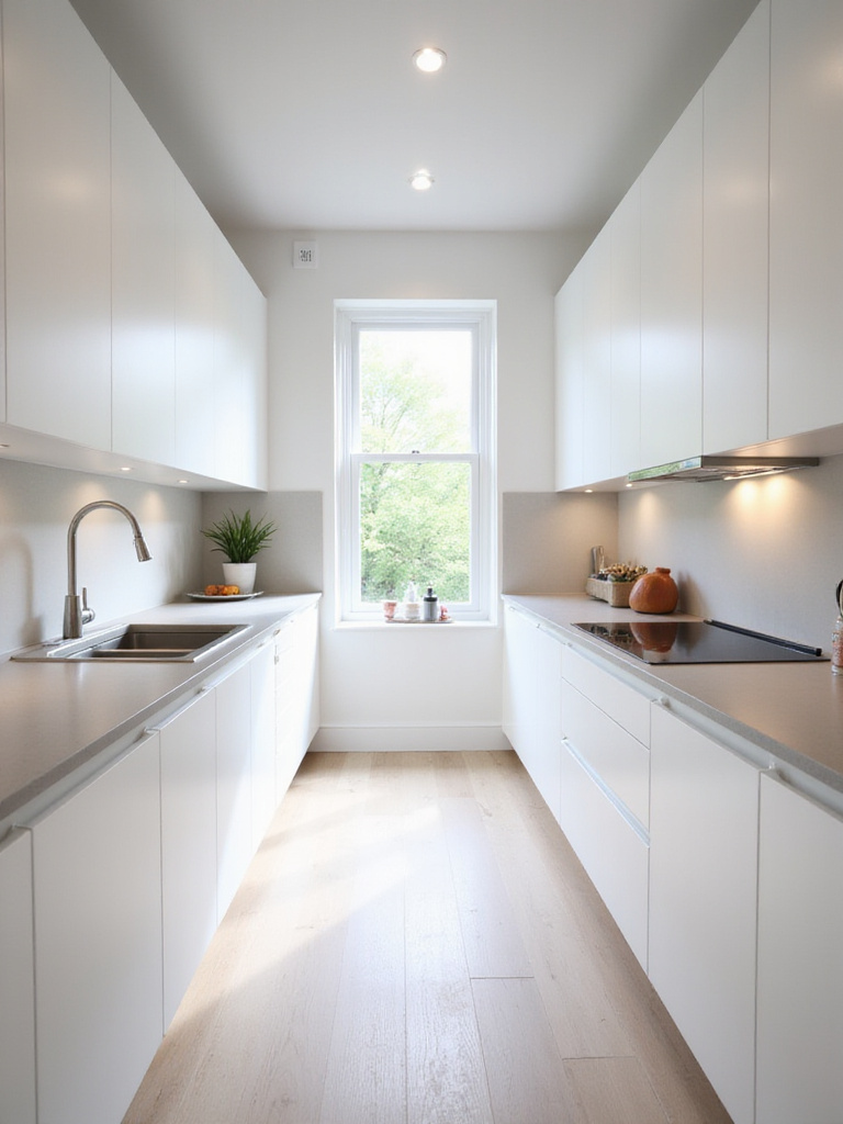 Modern, efficient galley kitchen design with white cabinets and light quartz countertops.