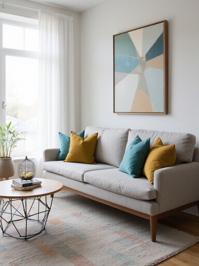 Modern living room with geometric patterned rug, pillows, and artwork.