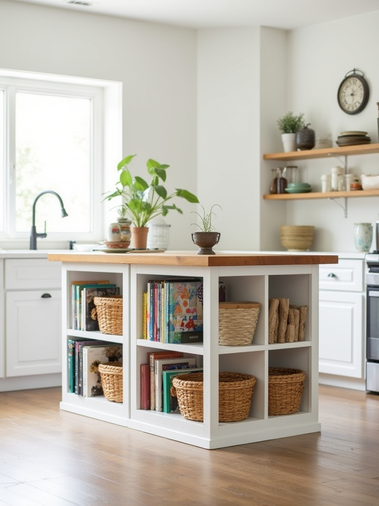 DIY kitchen island made from white cube bookshelves topped with a butcher block countertop, showcasing budget-friendly kitchen design.