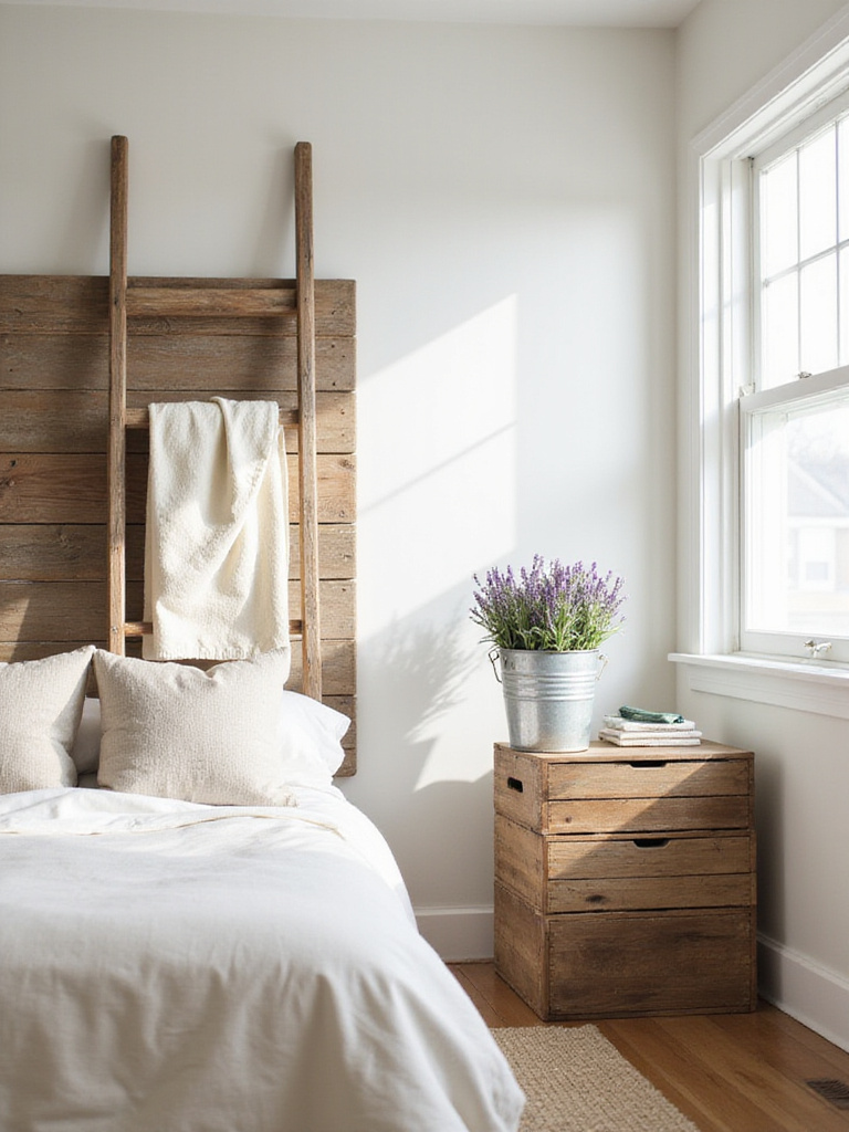 Farmhouse bedroom featuring repurposed barn wood headboard, vintage ladder blanket rack, and reclaimed crate bedside table.