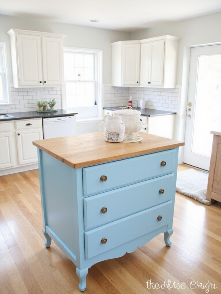 A budget-friendly kitchen island made from a repurposed light blue painted dresser with a butcher block top in a bright kitchen.