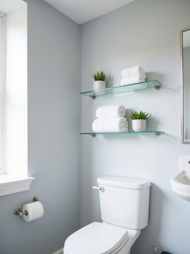Small bathroom with clear glass shelves displaying towels and plants.