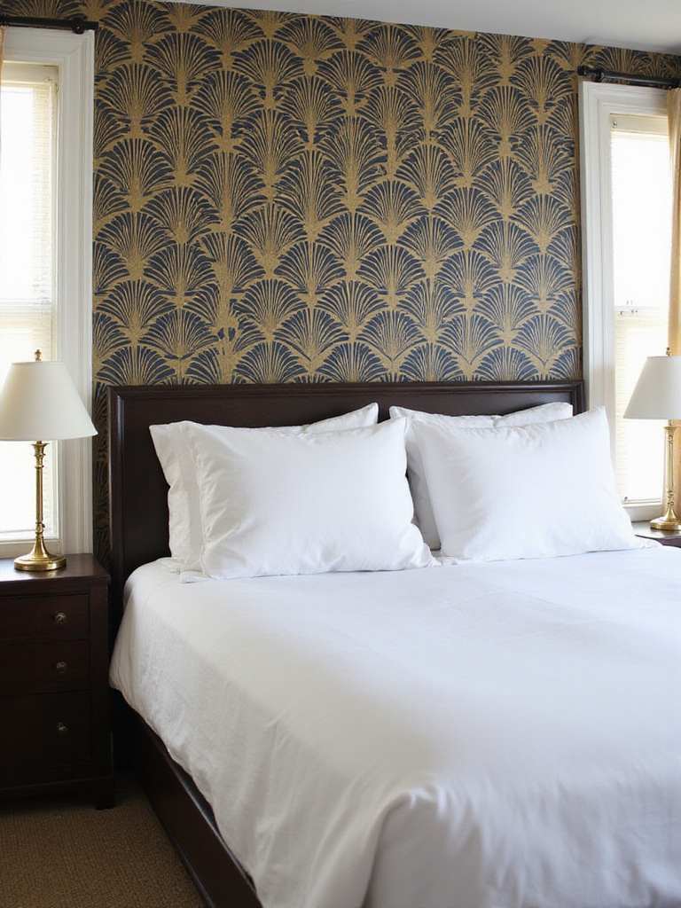 Master bedroom with gold and navy blue Art Deco geometric wallpaper statement wall