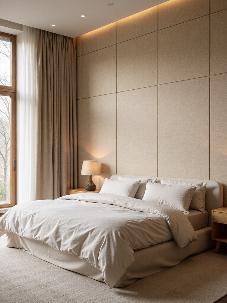 Master bedroom with natural beige grasscloth wallpaper accent wall