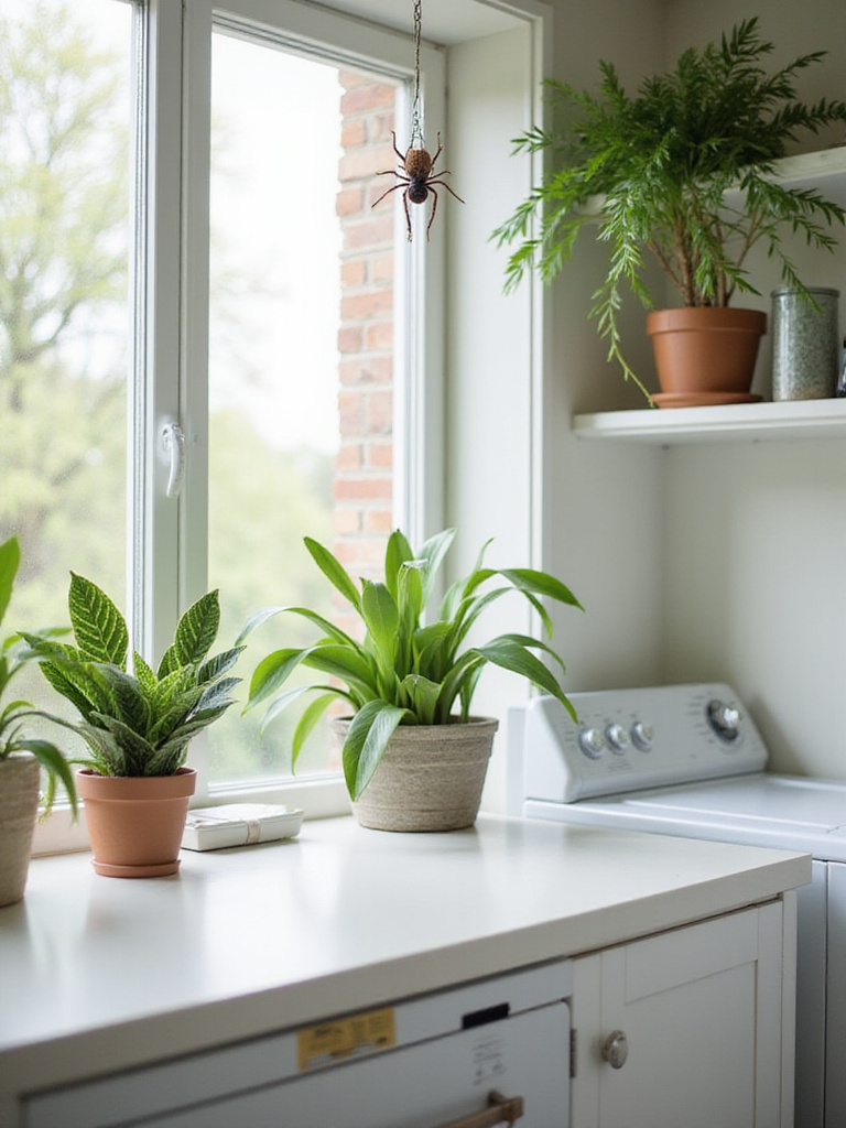 Laundry room with low-maintenance plants like Snake Plant, Pothos, and Spider Plant adding greenery and improving air quality.