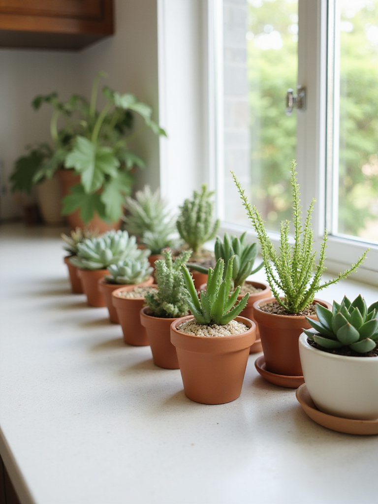 Succulents in decorative pots on a bright kitchen countertop
