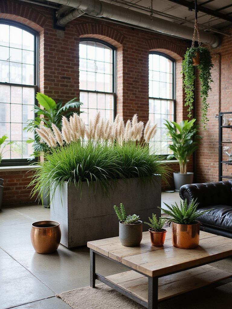 Industrial living room with metal planters and greenery