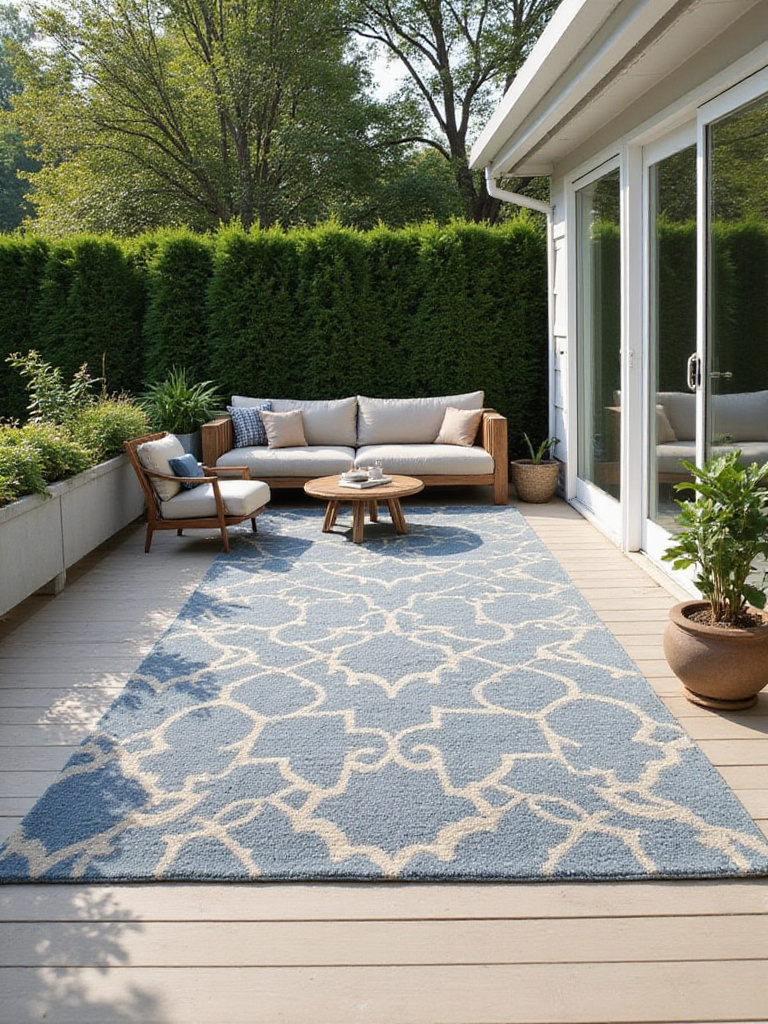 Stylish outdoor rug grounding a modern deck seating area.