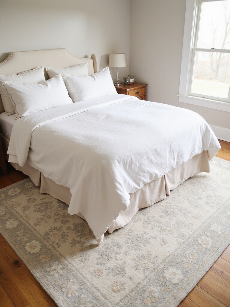 Farmhouse bedroom with queen bed and neutral wool area rug