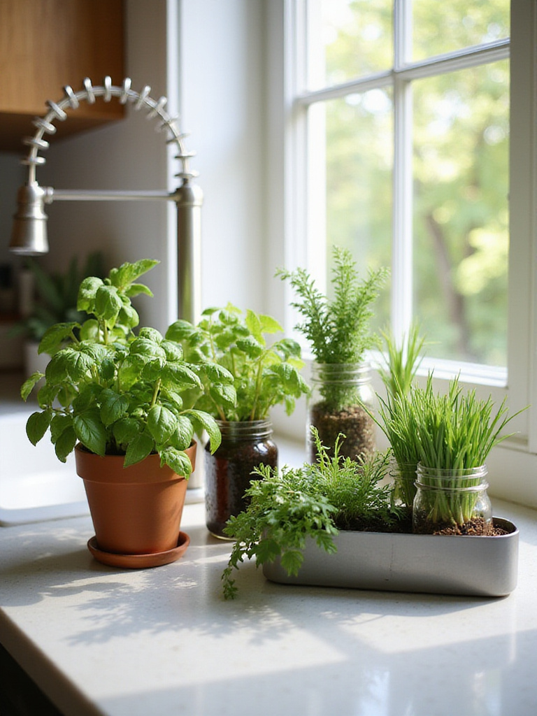 Kitchen countertop herb garden with basil, mint, and chives in stylish containers