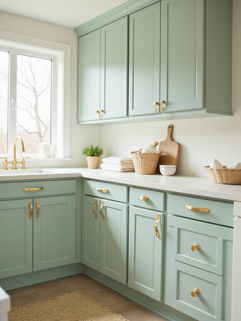 Updated laundry room cabinet hardware: brushed gold knobs and pulls on sage green cabinets.