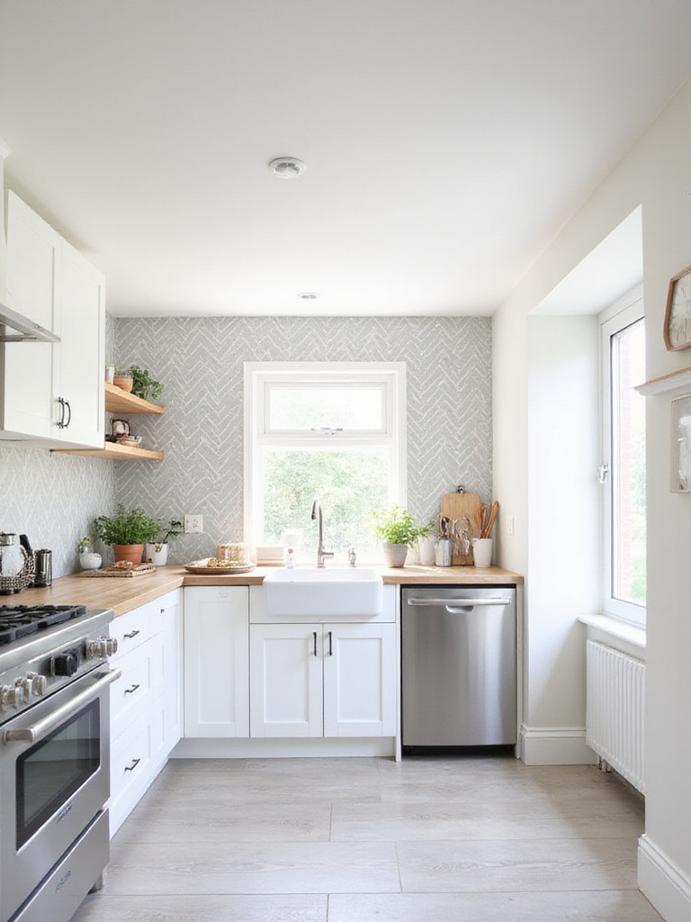 Kitchen with light gray and white herringbone wallpaper accent wall