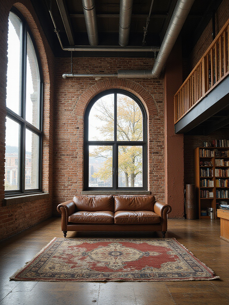 Industrial living room with high ceilings, exposed brick, and large windows