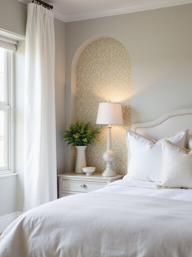 Master bedroom alcove wallpapered with gold and white geometric pattern