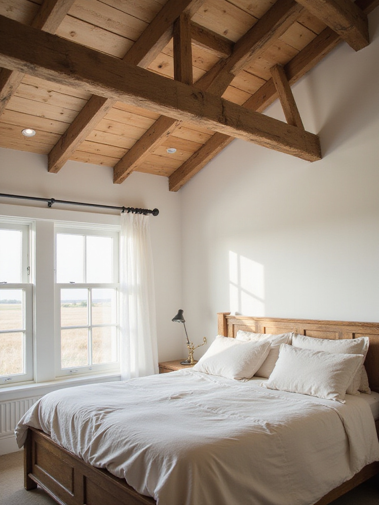 Farmhouse bedroom with exposed wood beams highlighting architectural detail.