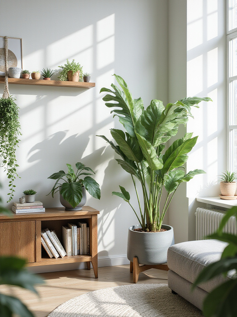Modern living room interior with houseplants, minimalist design