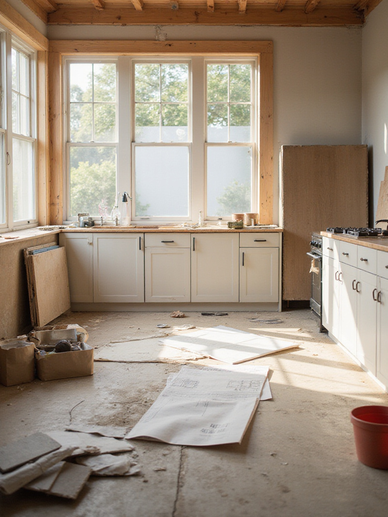 Kitchen renovation site with architectural plans and material samples laid out, bathed in natural light, illustrating the process of working with a contractor.