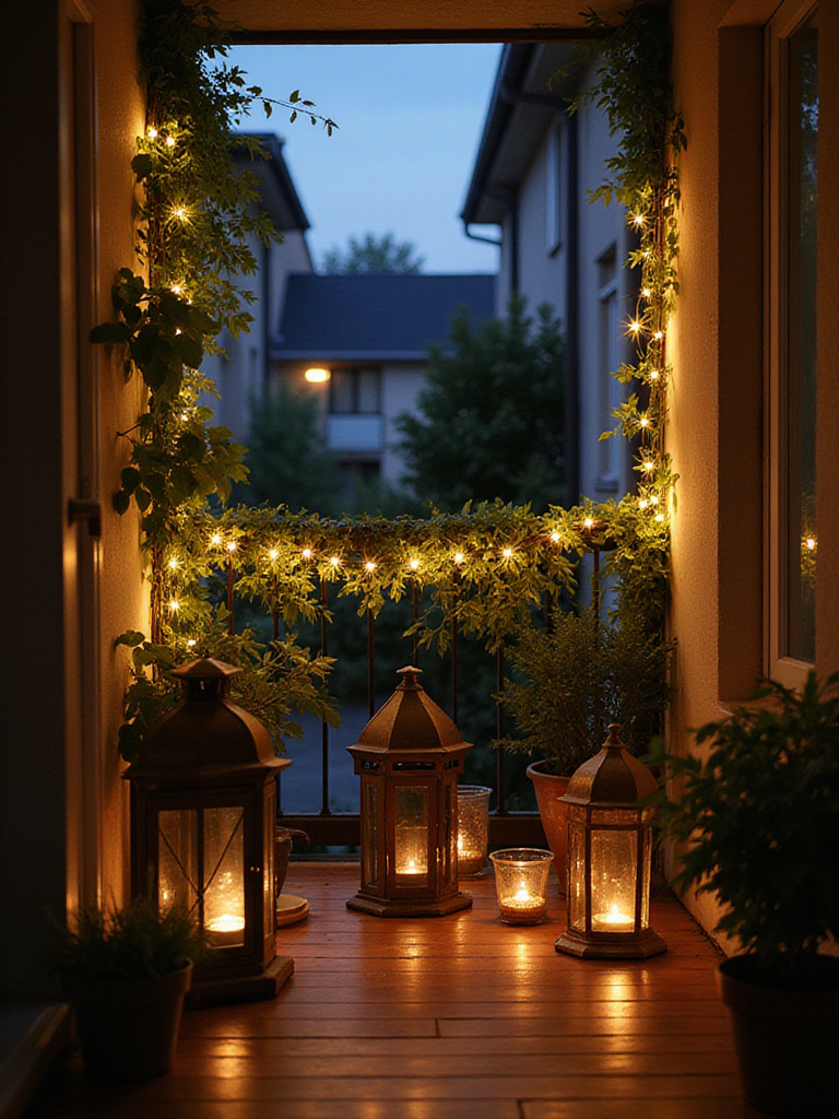 Apartment balcony illuminated with fairy lights and lanterns at dusk.