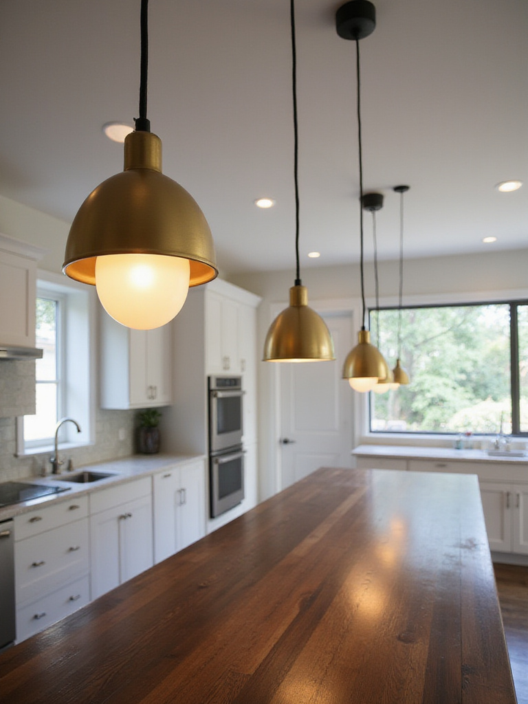 Modern kitchen bar illuminated by three brushed gold pendant lights