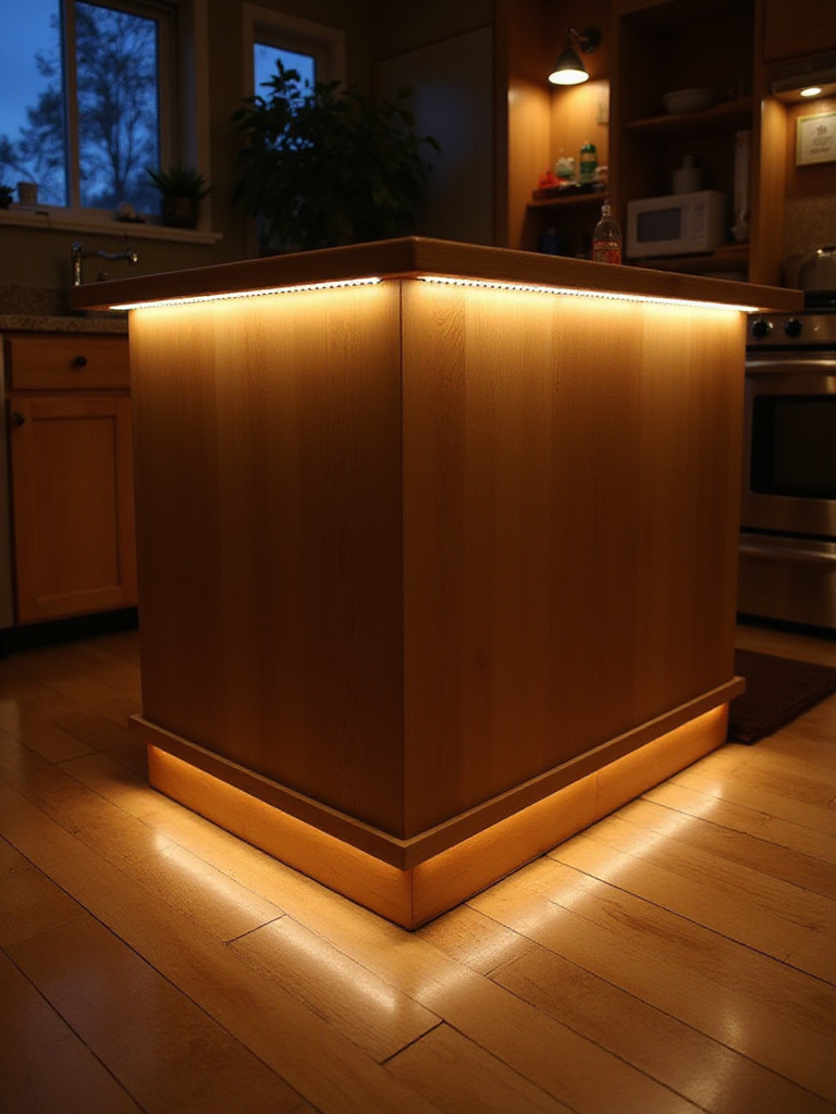 Kitchen island with budget-friendly under-island LED strip lighting casting a warm glow onto the floor.