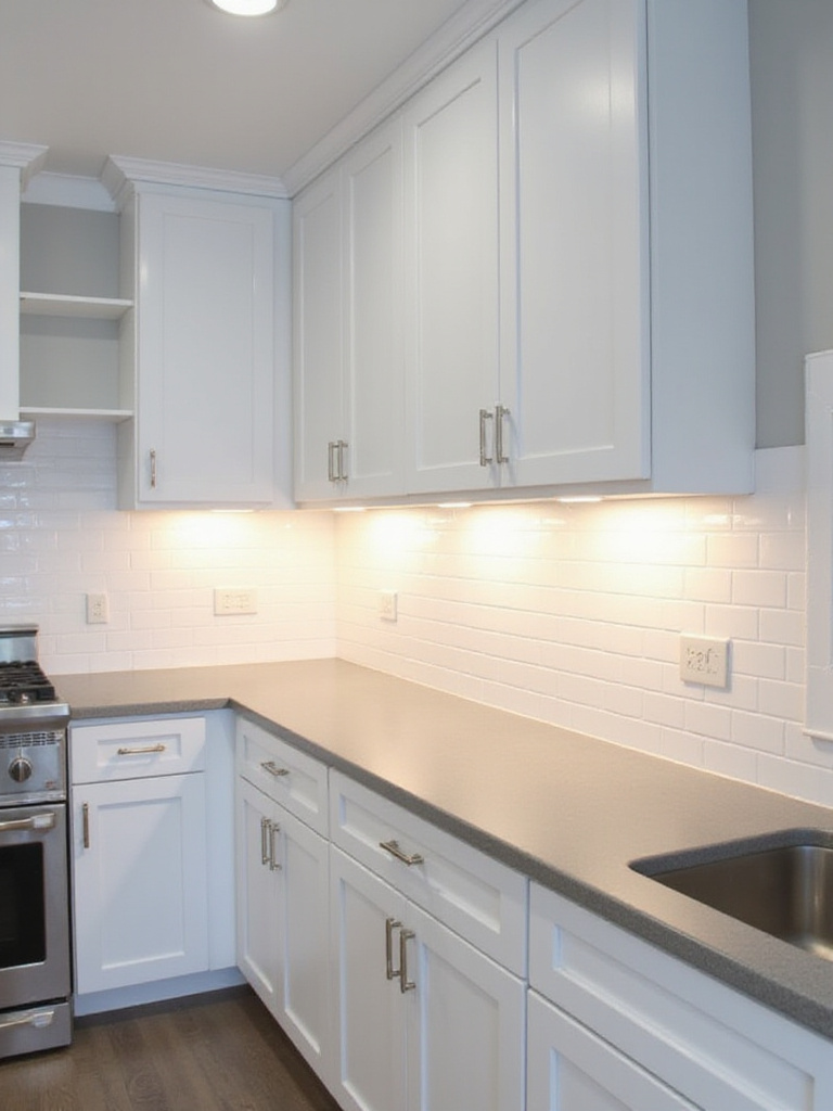 Bright and functional small kitchen with under-cabinet LED lighting illuminating countertops
