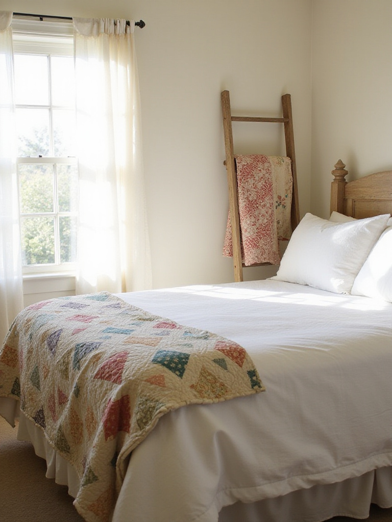 Farmhouse bedroom with white linen duvet and vintage patchwork quilt draped at the foot of the bed.