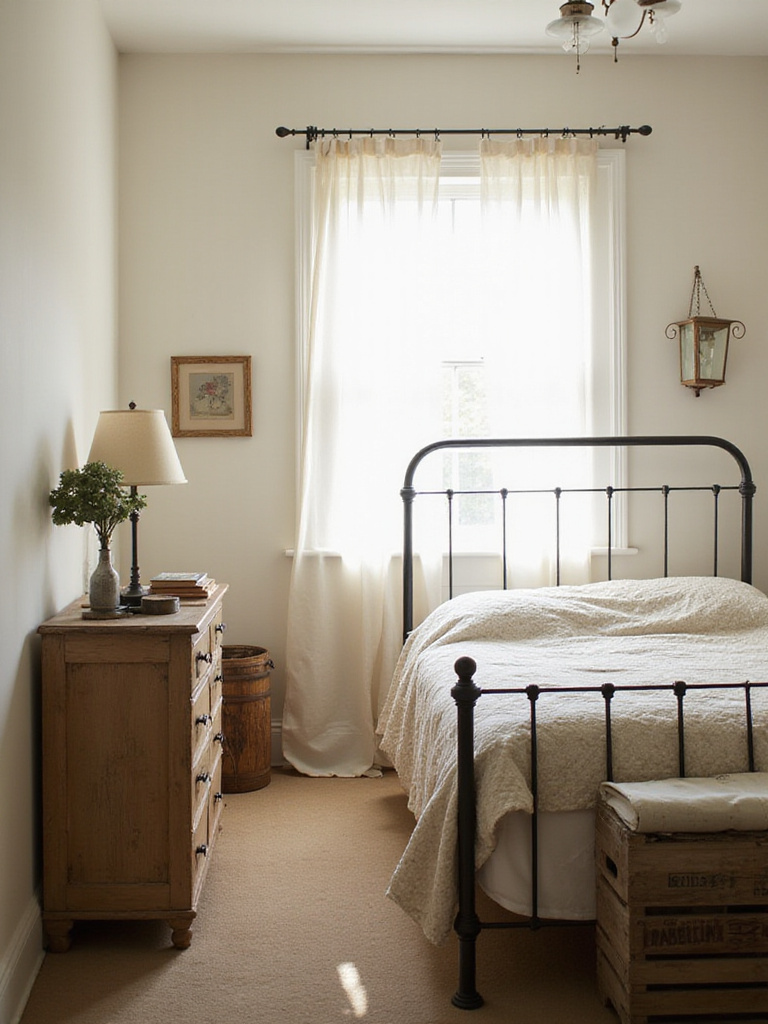 Farmhouse bedroom with vintage quilt, antique dresser, and wooden crate nightstand.
