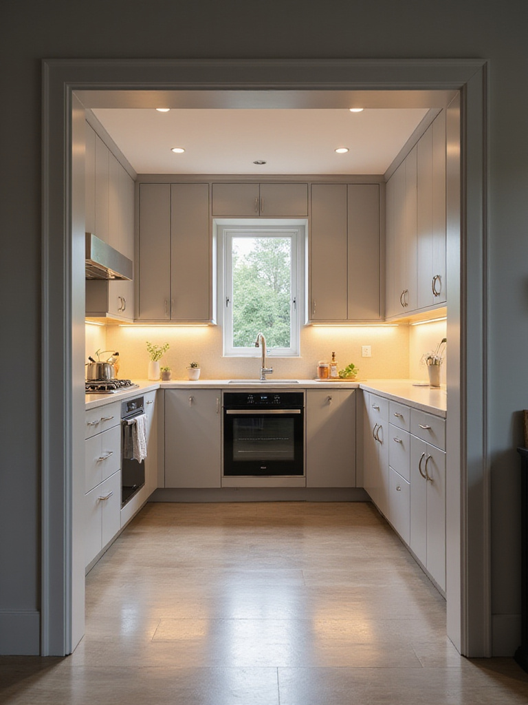 A modern kitchen featuring integrated smart technology, including under-cabinet smart lighting, a smart faucet, and a screen integrated into the backsplash, viewed from a wide angle.