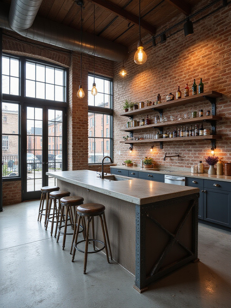 Industrial kitchen bar with concrete countertop, steel frame, and exposed brick wall