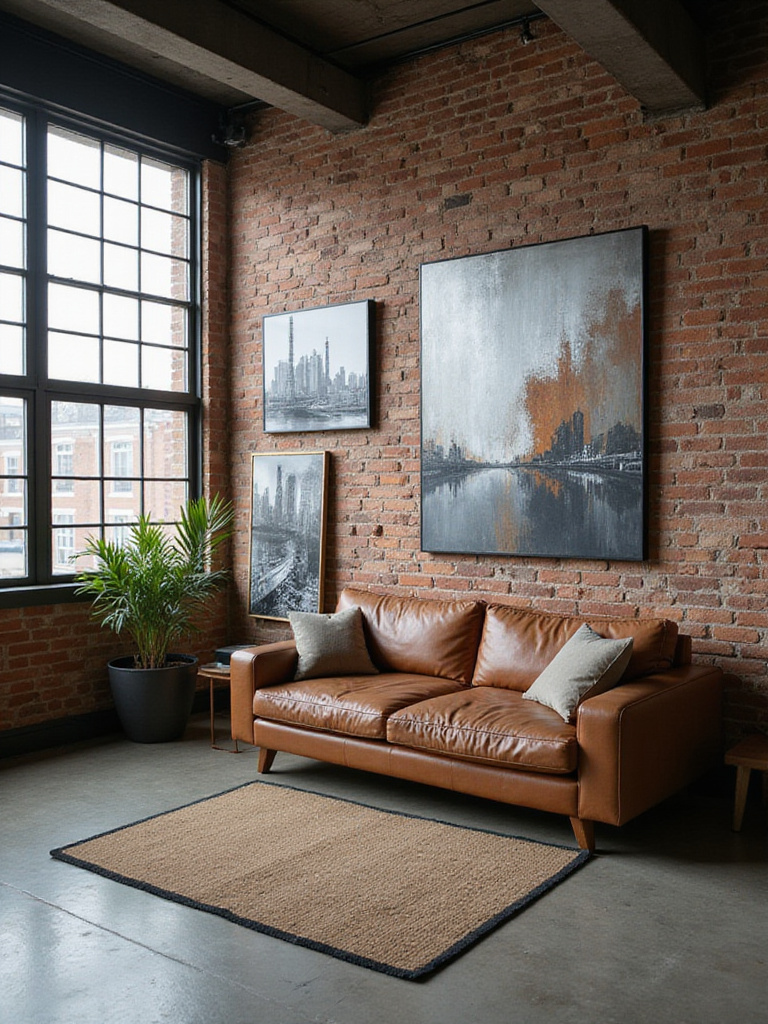 Industrial living room with abstract painting and cityscape photography