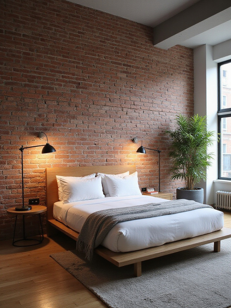 Master bedroom with brick wallpaper accent wall creating an industrial chic vibe