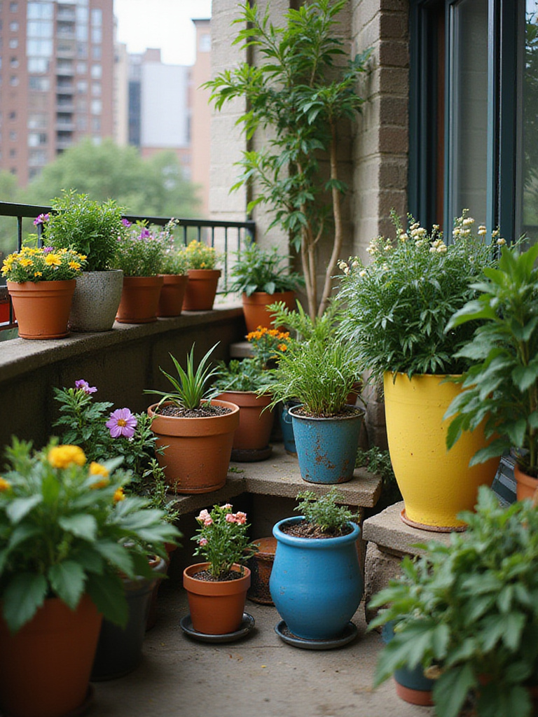 Colorful pots and planters on a small apartment balcony creating a vibrant outdoor oasis